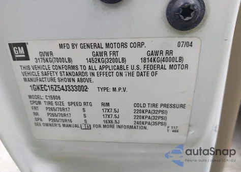 2004 GMC Yukon Xl 1500 Slt from USA, damaged, VIN 1GKEC16Z54J333002